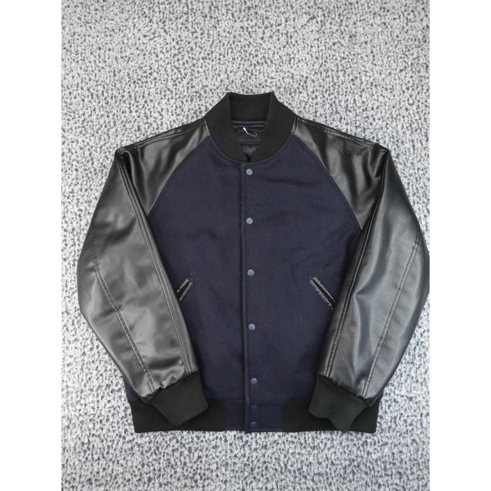 Uniqlo Navy Body with Black Leather-Sleeve Bomber Jacket